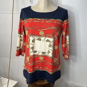 Cacharel print Top Chain Equestrian red gold navy Blouse Womens S
